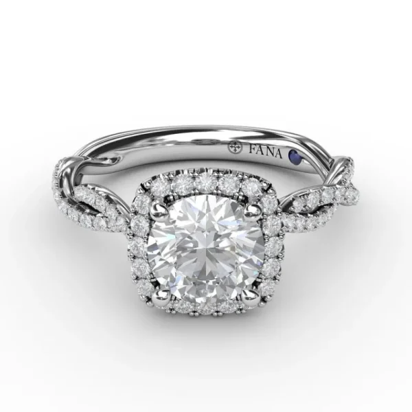 Clearance Fana Classic Cushion Diamond Halo Engagement Ring With Cathedral Twist Diamond Band