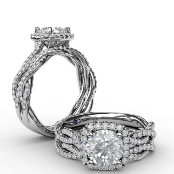 Clearance Fana Classic Cushion Diamond Halo Engagement Ring With Cathedral Twist Diamond Band