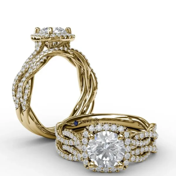 Clearance Fana Classic Cushion Diamond Halo Engagement Ring With Cathedral Twist Diamond Band