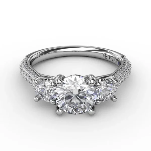 Fashion Fana Classic Three-Stone Round Diamond Engagement Ring With Pavé Band