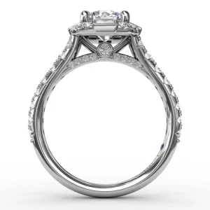 Discount Fana Cushion Shaped Diamond Halo Engagement Ring With Baguettes