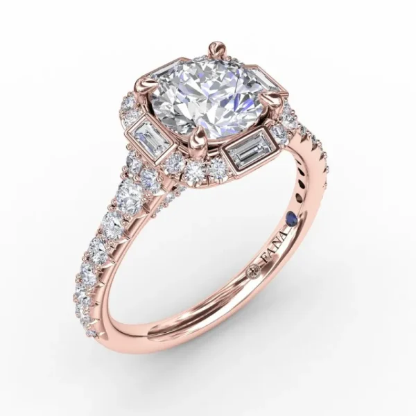 Discount Fana Cushion Shaped Diamond Halo Engagement Ring With Baguettes
