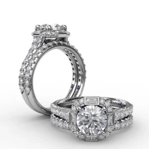 Discount Fana Cushion Shaped Diamond Halo Engagement Ring With Baguettes