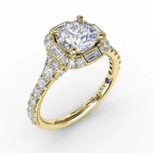 Discount Fana Cushion Shaped Diamond Halo Engagement Ring With Baguettes