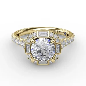 Discount Fana Cushion Shaped Diamond Halo Engagement Ring With Baguettes