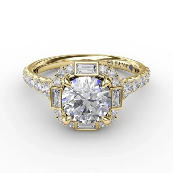 Discount Fana Cushion Shaped Diamond Halo Engagement Ring With Baguettes