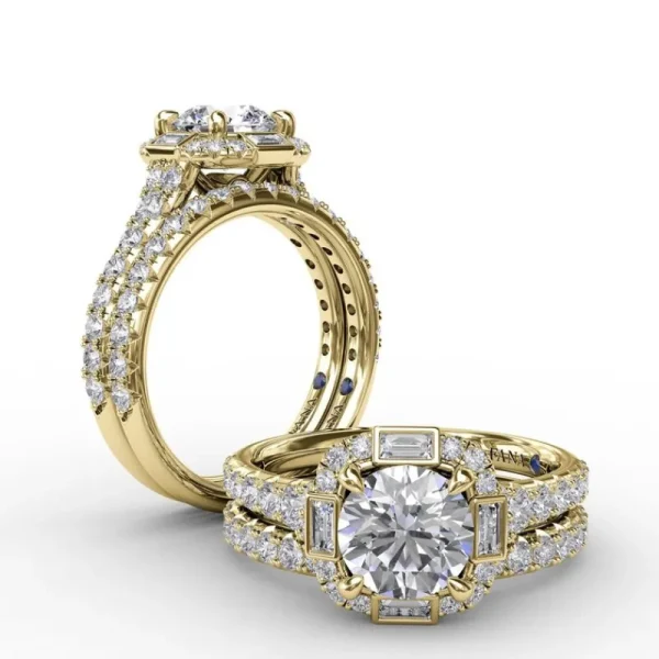 Discount Fana Cushion Shaped Diamond Halo Engagement Ring With Baguettes