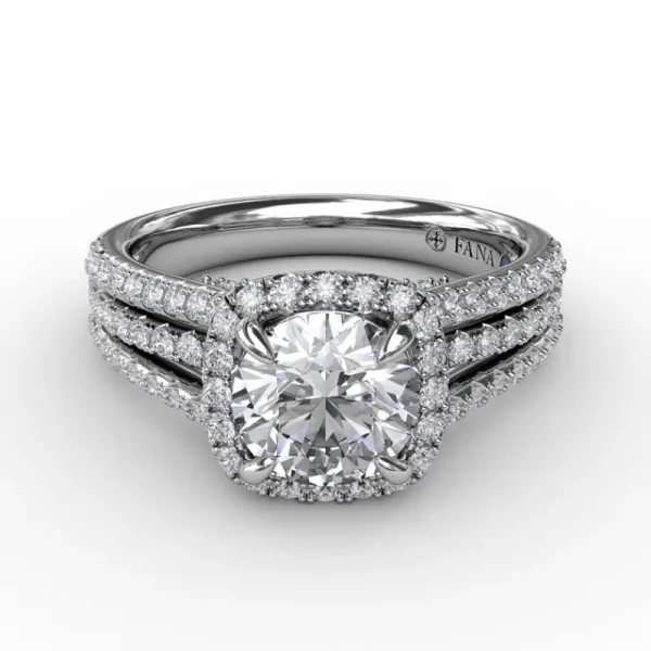 Best Fana Cushion-Shaped Diamond Halo Engagement Ring With Triple-Row Diamond Band