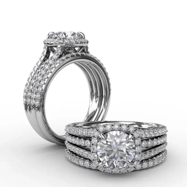 Best Fana Cushion-Shaped Diamond Halo Engagement Ring With Triple-Row Diamond Band