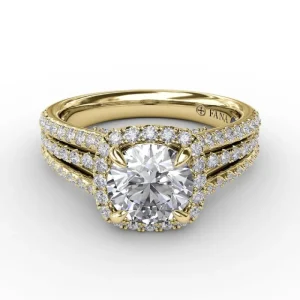 Best Fana Cushion-Shaped Diamond Halo Engagement Ring With Triple-Row Diamond Band