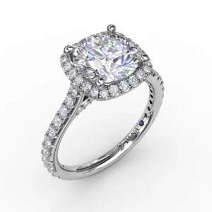 Clearance Fana Cushion-Shaped Halo Diamond Engagement Ring with Diamond Band