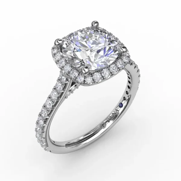Clearance Fana Cushion-Shaped Halo Diamond Engagement Ring with Diamond Band