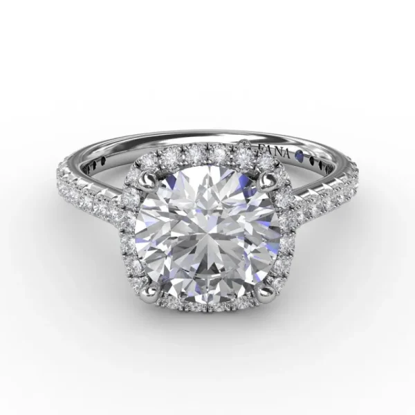Clearance Fana Cushion-Shaped Halo Diamond Engagement Ring with Diamond Band