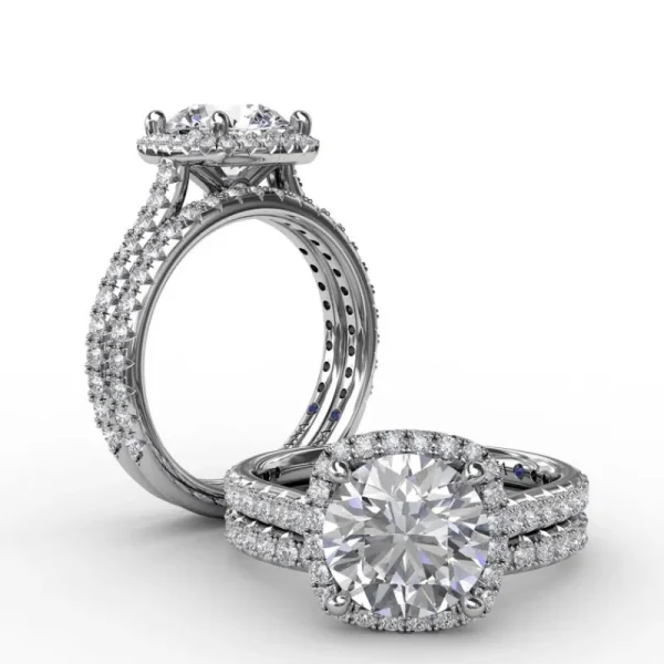 Clearance Fana Cushion-Shaped Halo Diamond Engagement Ring with Diamond Band