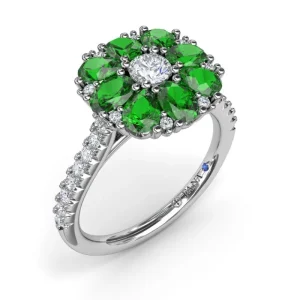 Online Fana Emerald and Diamond Cluster Flower Ring