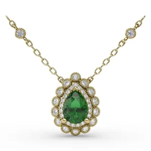 Fashion Fana Floral Teardrop Emerald and Diamond Pendant
