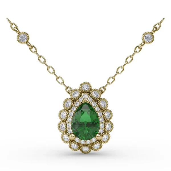 Fashion Fana Floral Teardrop Emerald and Diamond Pendant