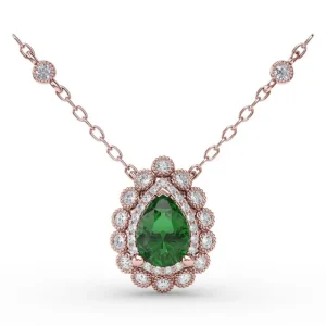 Fashion Fana Floral Teardrop Emerald and Diamond Pendant