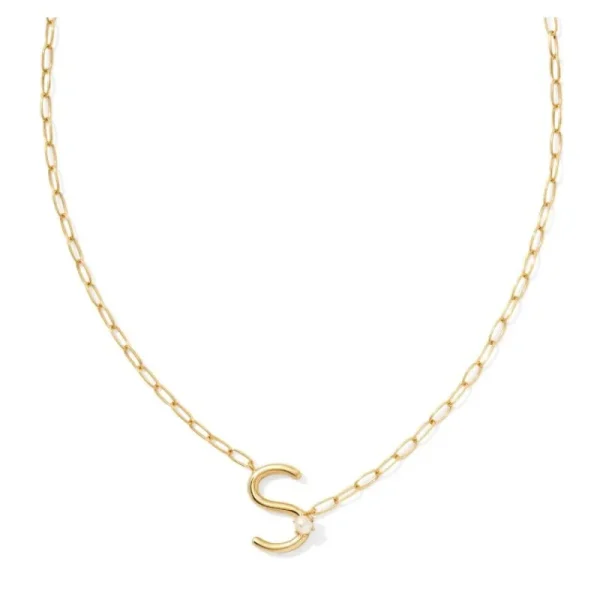 Clearance Kendra Scott Pearl Gold Letter S Short Pendant Necklace in Freshwater Cultured Pearl