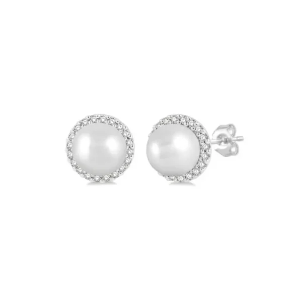 Fashion Kelley Collection Petite Diamond Halo Pearl Stud Earrrings