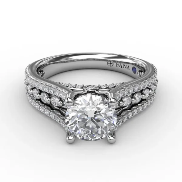 Best Fana Round Diamond Engagement Ring With Triple-Row Diamond Band