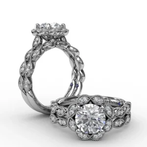 Clearance Fana Round Diamond Engagement Ring With Floral Halo and Milgrain Details