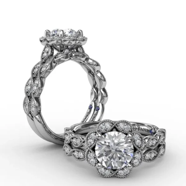 Clearance Fana Round Diamond Engagement Ring With Floral Halo and Milgrain Details