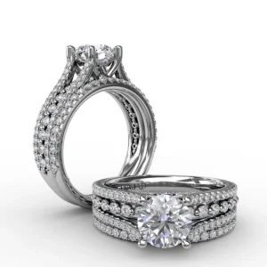 Best Fana Round Diamond Engagement Ring With Triple-Row Diamond Band
