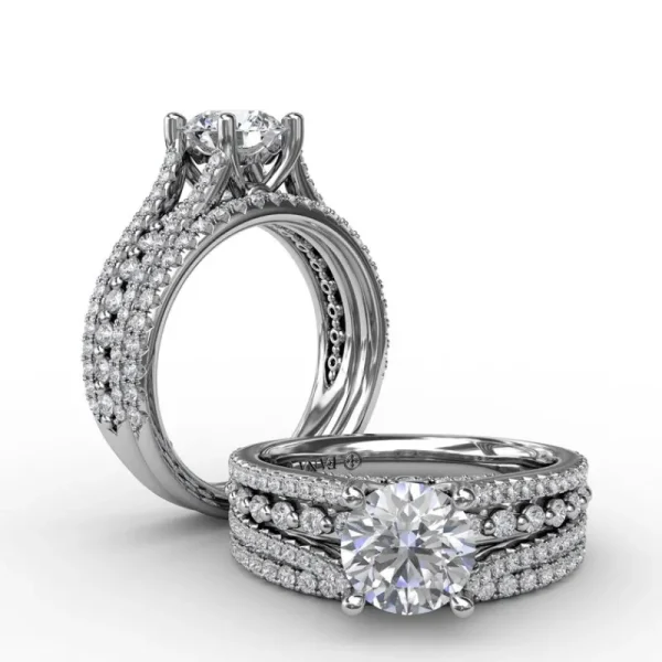 Best Fana Round Diamond Engagement Ring With Triple-Row Diamond Band