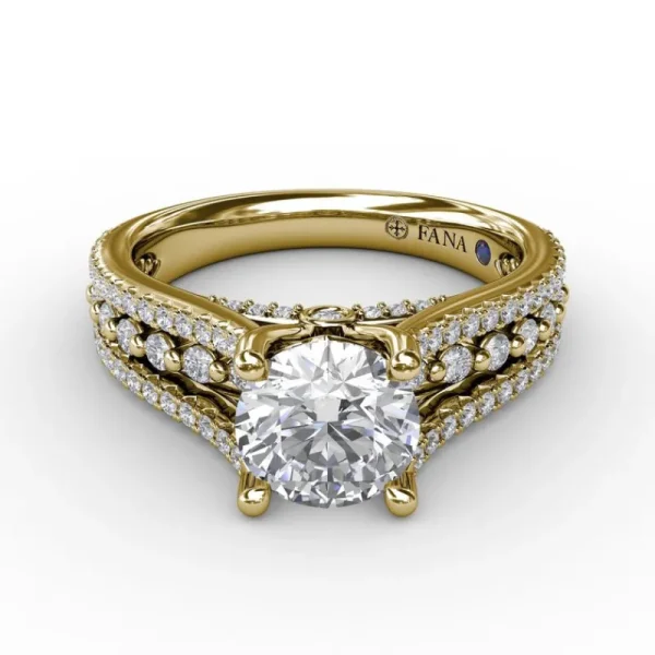Best Fana Round Diamond Engagement Ring With Triple-Row Diamond Band
