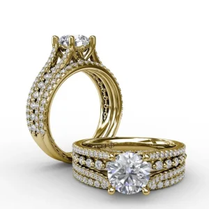 Best Fana Round Diamond Engagement Ring With Triple-Row Diamond Band