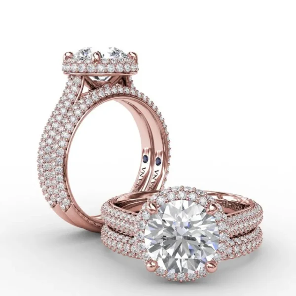 Fashion Fana Seamless Pavé Diamond Double Halo Engagement Ring