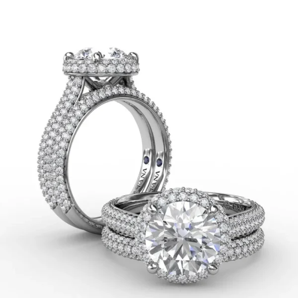 Fashion Fana Seamless Pavé Diamond Double Halo Engagement Ring
