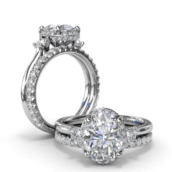 Online Fana Three Stone Diamond Halo Engagement Ring