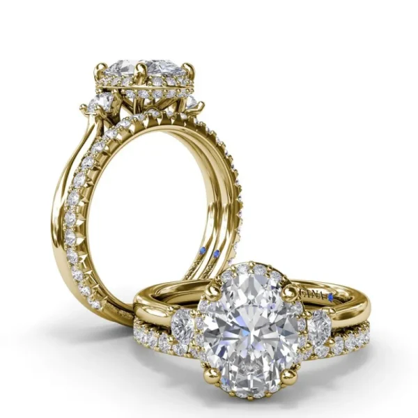 Online Fana Three Stone Diamond Halo Engagement Ring