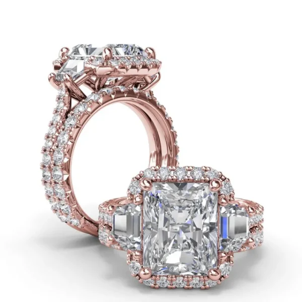 Hot Fana Three Stone Halo Diamond Engagement Ring