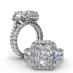 Hot Fana Three Stone Halo Diamond Engagement Ring