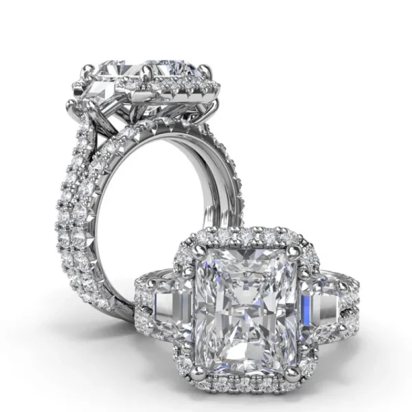 Hot Fana Three Stone Halo Diamond Engagement Ring
