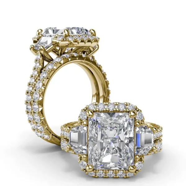 Hot Fana Three Stone Halo Diamond Engagement Ring