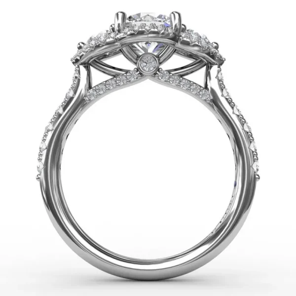 Sale Fana Three-Stone Round Diamond Halo Engagement Ring