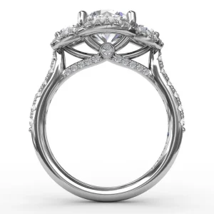 Hot Fana Three-Stone Round Diamond Halo Engagement Ring