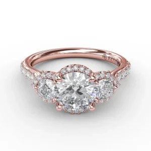 Sale Fana Three-Stone Round Diamond Halo Engagement Ring