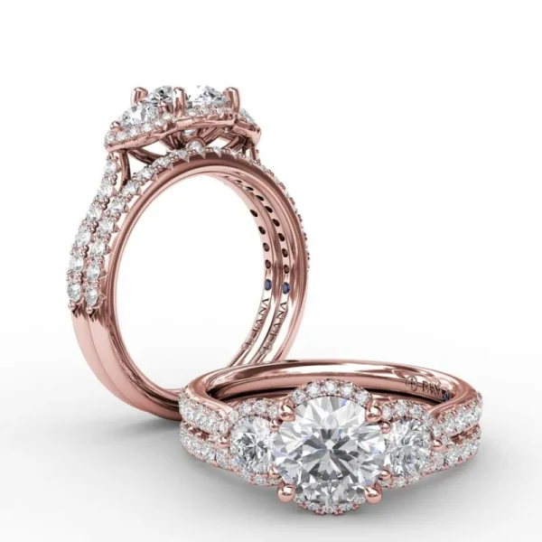 Sale Fana Three-Stone Round Diamond Halo Engagement Ring
