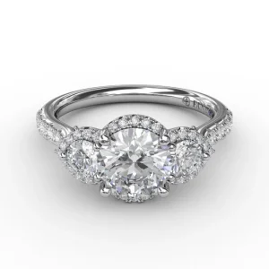 Sale Fana Three-Stone Round Diamond Halo Engagement Ring