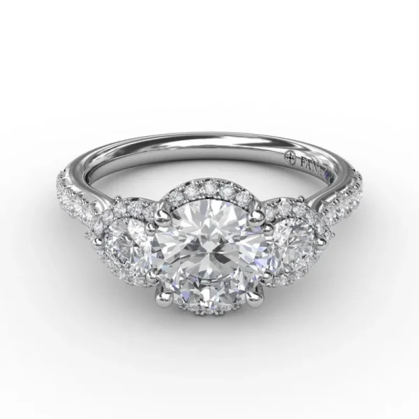 Sale Fana Three-Stone Round Diamond Halo Engagement Ring