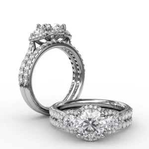 Sale Fana Three-Stone Round Diamond Halo Engagement Ring