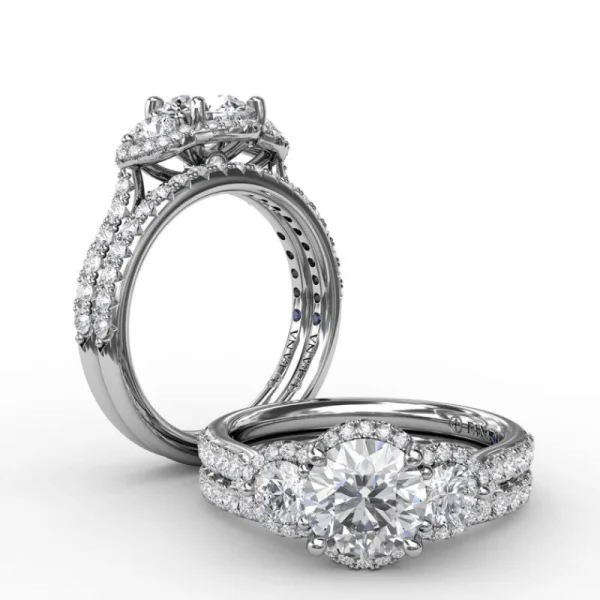Sale Fana Three-Stone Round Diamond Halo Engagement Ring