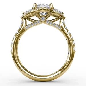 Sale Fana Three-Stone Round Diamond Halo Engagement Ring