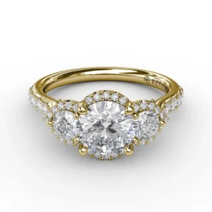 Sale Fana Three-Stone Round Diamond Halo Engagement Ring